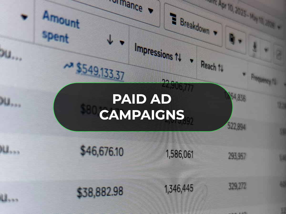 Paid ad campaigns dashboard showing amount spent, impressions, and reach.